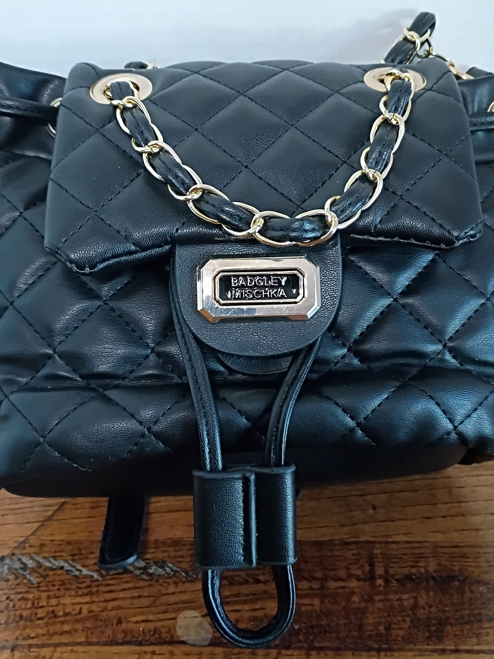 Badgley Mischka Black Quilted Drawstring Backpack with Gold Chain